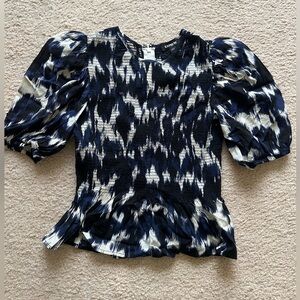 EXPRESS Clothing printed Puff Sleeve Smocked Peplum work career top black print